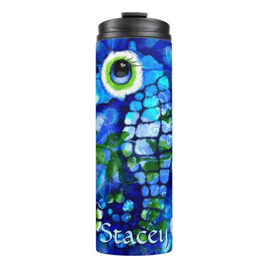Whimsicale Grote-Ogen Zeepaard Kunst Blauw Geperso Thermosbeker (Voorkant)