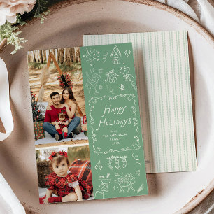 Whimsicale Hand Getekende Pictogrammen Groen Kerst Feestdagenkaart