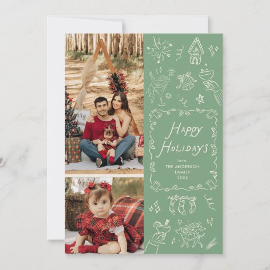 Whimsicale Hand Getekende Pictogrammen Groen Kerst Feestdagenkaart (Voorkant)