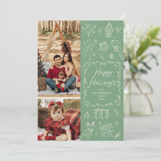 Whimsicale Hand Getekende Pictogrammen Groen Kerst Feestdagenkaart (Staand voorkant)