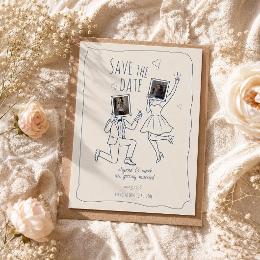 Whimsicale handgetekende foto-doodle save the date