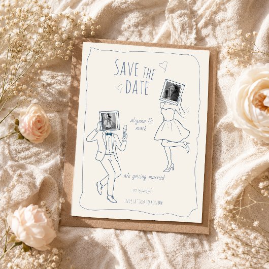 Whimsicale handgetekende foto-doodle save the date
