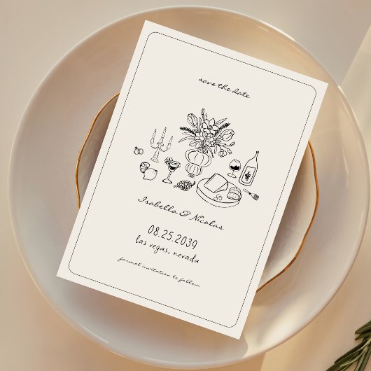 Whimsicale handgetekende Franse huwelijksdatum om  Save The Date