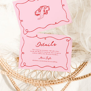 Whimsicale handgetekende roze en rode trouwdetails kaart