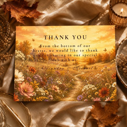 Whimsicale herfst wilde bloemen bruiloft bedankkaart