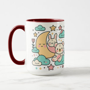 Whimsicale illustratie van konijn en beer onder de mok