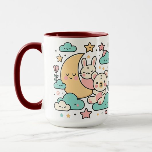 Whimsicale illustratie van konijn en beer onder de mok (Links)