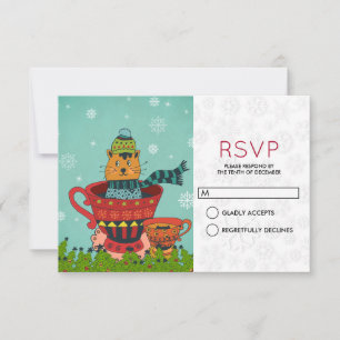 Whimsicale kat zit in een theekopje kerst RSVP Kaart
