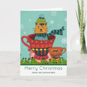 Whimsicale kat zittend in een theekopje Kerstmis Kaart