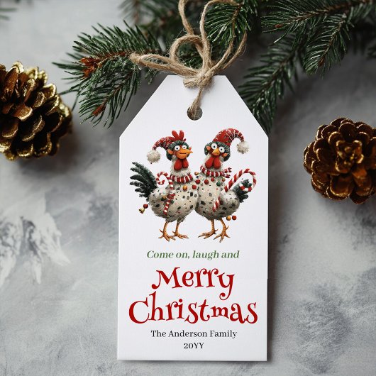 Whimsicale Kerst Kippen Tag Cartoon Stijl Cadeaulabel