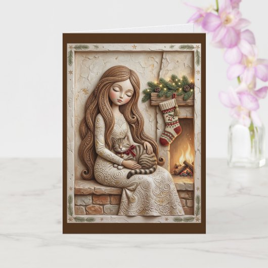 Whimsicale Kerstkat Winter Juffrouw Kunst Kaart (Orchidee)
