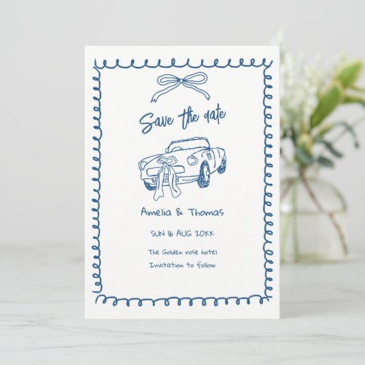 whimsicale leuk gekrabbelde save the date uitnodig kaart (Staand voorkant)