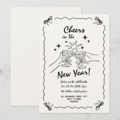 Whimsicale new year party uitnodiging met krabbels (Voorkant / Achterkant)