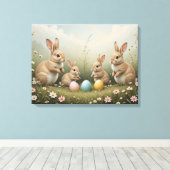 Whimsicale Pasen Konijnen in Weide Rustieke Pastel Canvas Afdruk (Insitu (Houten vloer))