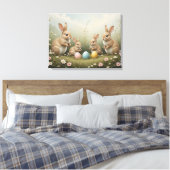 Whimsicale Pasen Konijnen in Weide Rustieke Pastel Canvas Afdruk (Insitu (Slaapkamer))