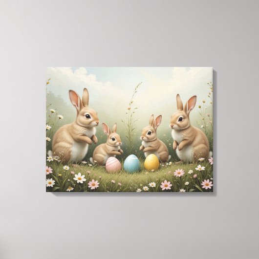 Whimsicale Pasen Konijnen in Weide Rustieke Pastel Canvas Afdruk (Voorkant)