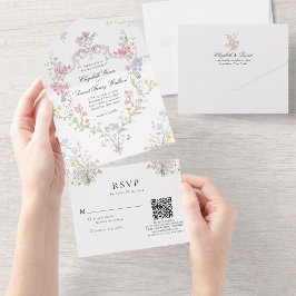 Whimsicale Rococo Bloemenkroon Huwelijks QR Code R All In One Uitnodiging