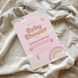 Whimsicale Roze Baby Shower Uitnodiging met Regenb