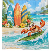 Whimsicale Surfende Krab en Kleurrijke Surfplanken