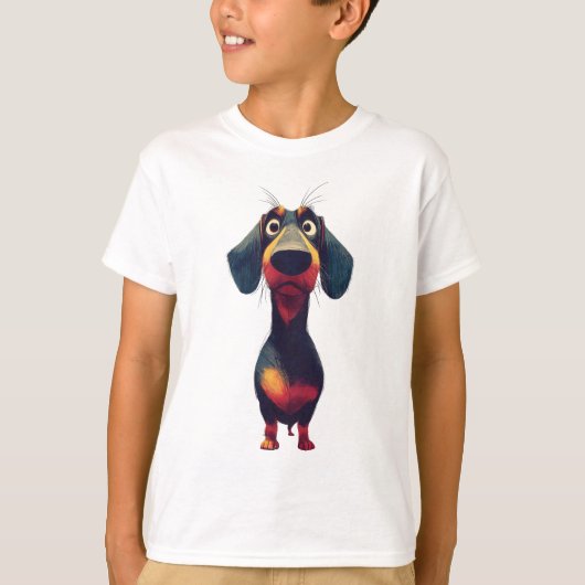 Whimsicale tekening van een dashond karakter t-shirt (Voorkant)