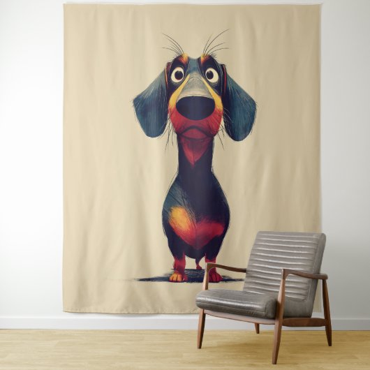 Whimsicale tekening van een dashond karakter wandkleed (In situ)
