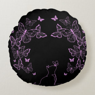 Whimsicale vlinder en kat lijntekening rond kussen