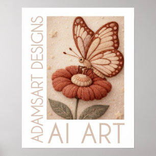 Whimsicale vlinder op bloem Vintage viltkunst Poster