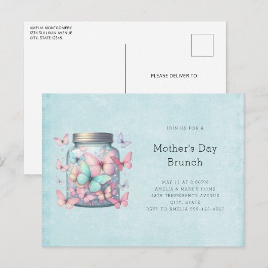 Whimsicale Vlinders in een Pot Moederdag Brunch Uitnodiging Briefkaart (Voorkant / Achterkant)