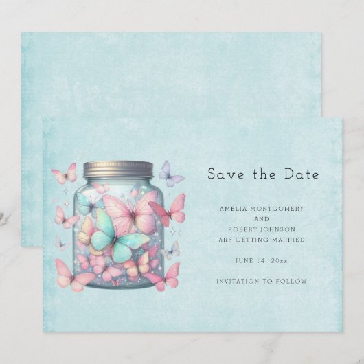 Whimsicale Vlinders in een Pot Save The Date (Voorkant / Achterkant)