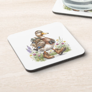 Whimsicale Wandelaar Eend Illustratie met Rugzak Bier Onderzetter