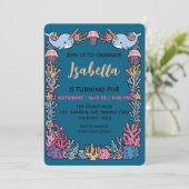 Whimsicale Waterverf Narwal vis  Eenhoorn van de  Save The Date (Staand voorkant)