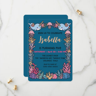 Whimsicale Waterverf Narwal vis  Eenhoorn van de  Save The Date