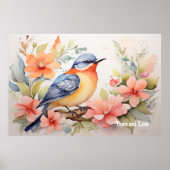 Whimsicale Waterverf Vogel Bloemenkunst Poster (Voorkant)