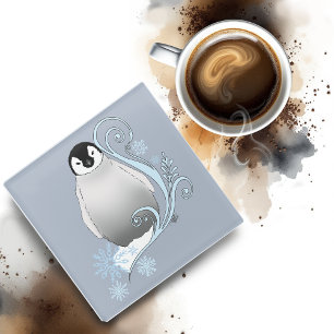 Whimsicale Winter Pinguïn Art Nouveau Sneeuwvlokke Glazen Onderzetter