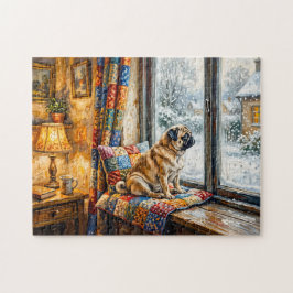 Whimsicale Winter Vensterbank Mops Illustratie Legpuzzel