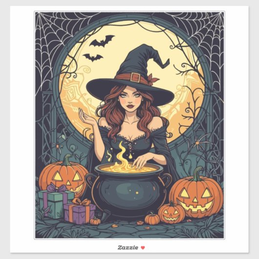 Whimsically Enchanting Witch With Spiders and Jack Sticker (Vel)