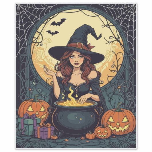Whimsically Enchanting Witch With Spiders and Jack Sticker (Voorkant)