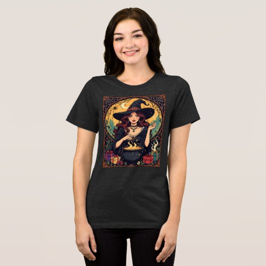 Whimsically Enchanting Witch With Spiders Tri-Blend Shirt (Voorkant volledig)