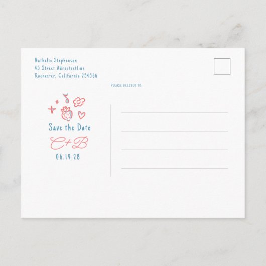 Whimsiek funky handgetekende save the date aankondigingskaart (Achterkant)