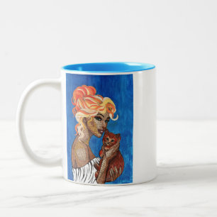 Whimsiek Vintagemix van Kranten Collage Meisje Kat Tweekleurige Koffiemok