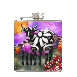 Whimsieke Abstract Moeder & Baby Koe Funky Boerder Heupfles