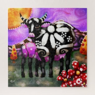 Whimsieke Abstract Moeder & Baby Koe Funky Boerder Legpuzzel
