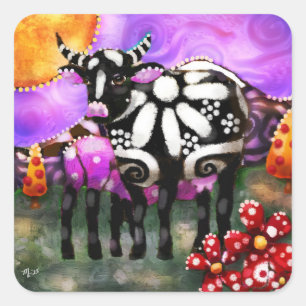 Whimsieke Abstract Moeder & Baby Koe Funky Boerder Vierkante Sticker