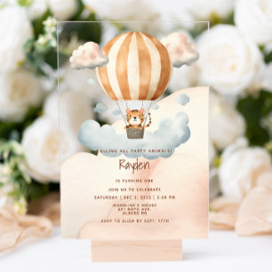 Whimsieke Cute Tijger Heet Luchtballon 1e Verjaard Acryl Uitnodigingen