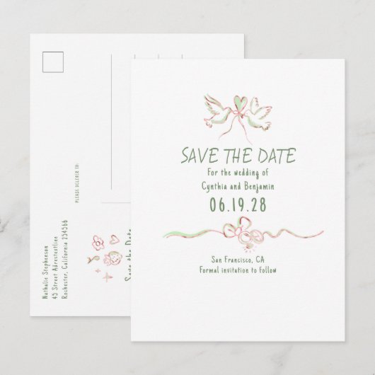 Whimsieke funky handgetekende save the date aankondigingskaart (Voorkant / Achterkant)