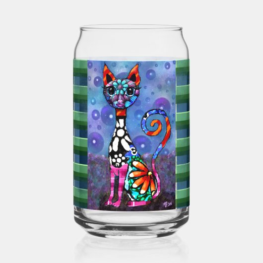 Whimsieke Grote-Ogen Funky Kitty Kat Abstract Blikvorm Glas (Voorkant)
