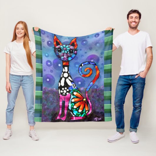 Whimsieke Grote-Ogen Funky Kitty Kat Abstract Fleece Deken (In situ)