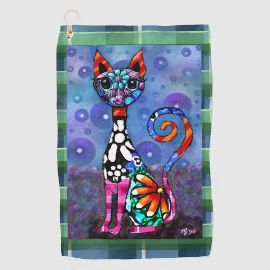 Whimsieke Grote-Ogen Funky Kitty Kat Abstract Golfhanddoek (Voorkant)