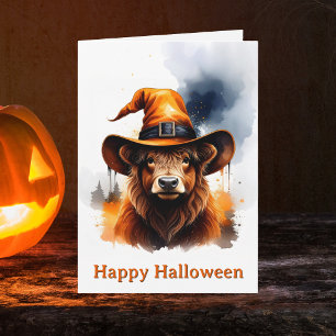 Whimsieke Hoogland Koe Oranje Heksenhoed Halloween Kaart