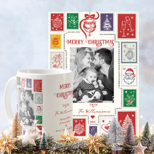 Whimsieke Retro Postzegel Kerst Illustratie Foto Feestdagenkaart